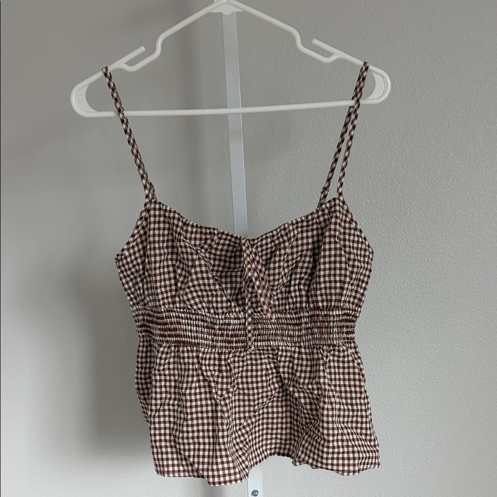 Princess Polly Brown Gingham Smocked Waist Spaghetti Strap Top